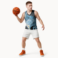 Piko Hawaiian Basketball Jersey Blue Galaxy Spiral Plumeria Tribal Patterns