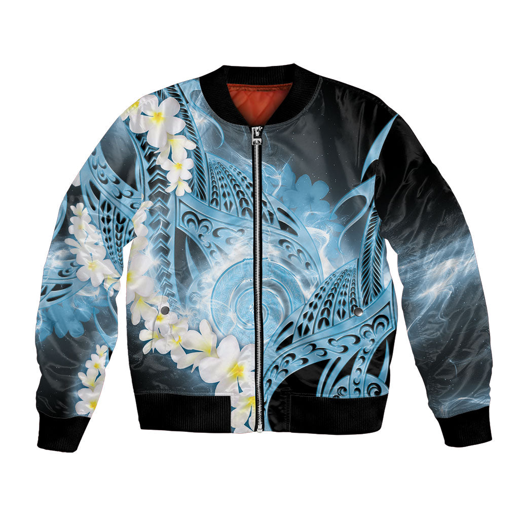 Piko Hawaiian Bomber Jacket Blue Galaxy Spiral Plumeria Tribal Patterns