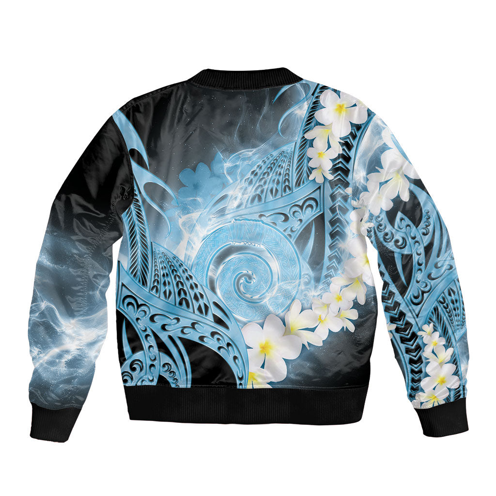 Piko Hawaiian Bomber Jacket Blue Galaxy Spiral Plumeria Tribal Patterns