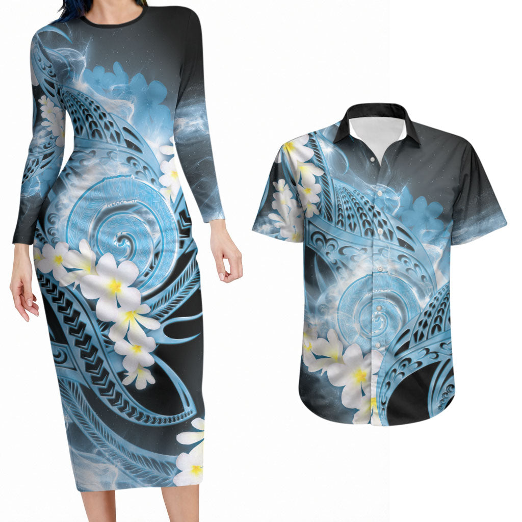 Piko Hawaiian Couples Matching Long Sleeve Bodycon Dress and Hawaiian Shirt Blue Galaxy Spiral Plumeria Tribal Patterns DT05 Blue - Polynesian Pride