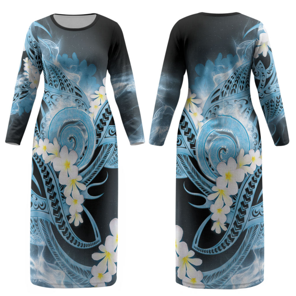 Piko Hawaiian Couples Matching Long Sleeve Bodycon Dress and Hawaiian Shirt Blue Galaxy Spiral Plumeria Tribal Patterns