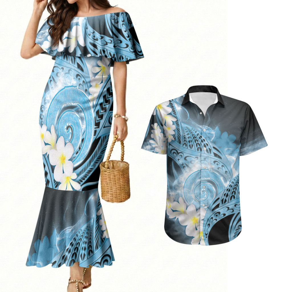 Piko Hawaiian Couples Matching Mermaid Dress and Hawaiian Shirt Blue Galaxy Spiral Plumeria Tribal Patterns