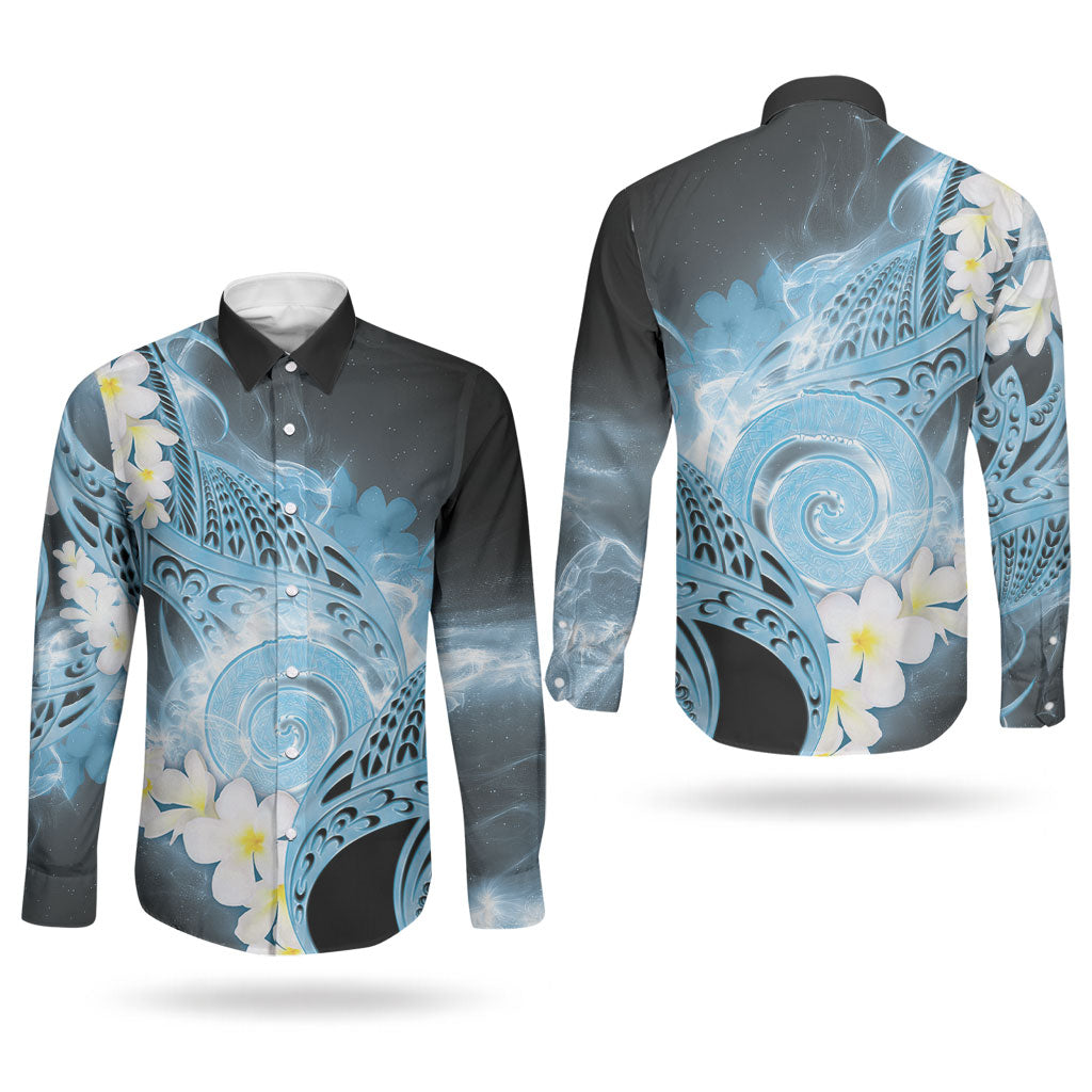 Piko Hawaiian Couples Matching Mermaid Dress and Long Sleeve Button Shirt Blue Galaxy Spiral Plumeria Tribal Patterns