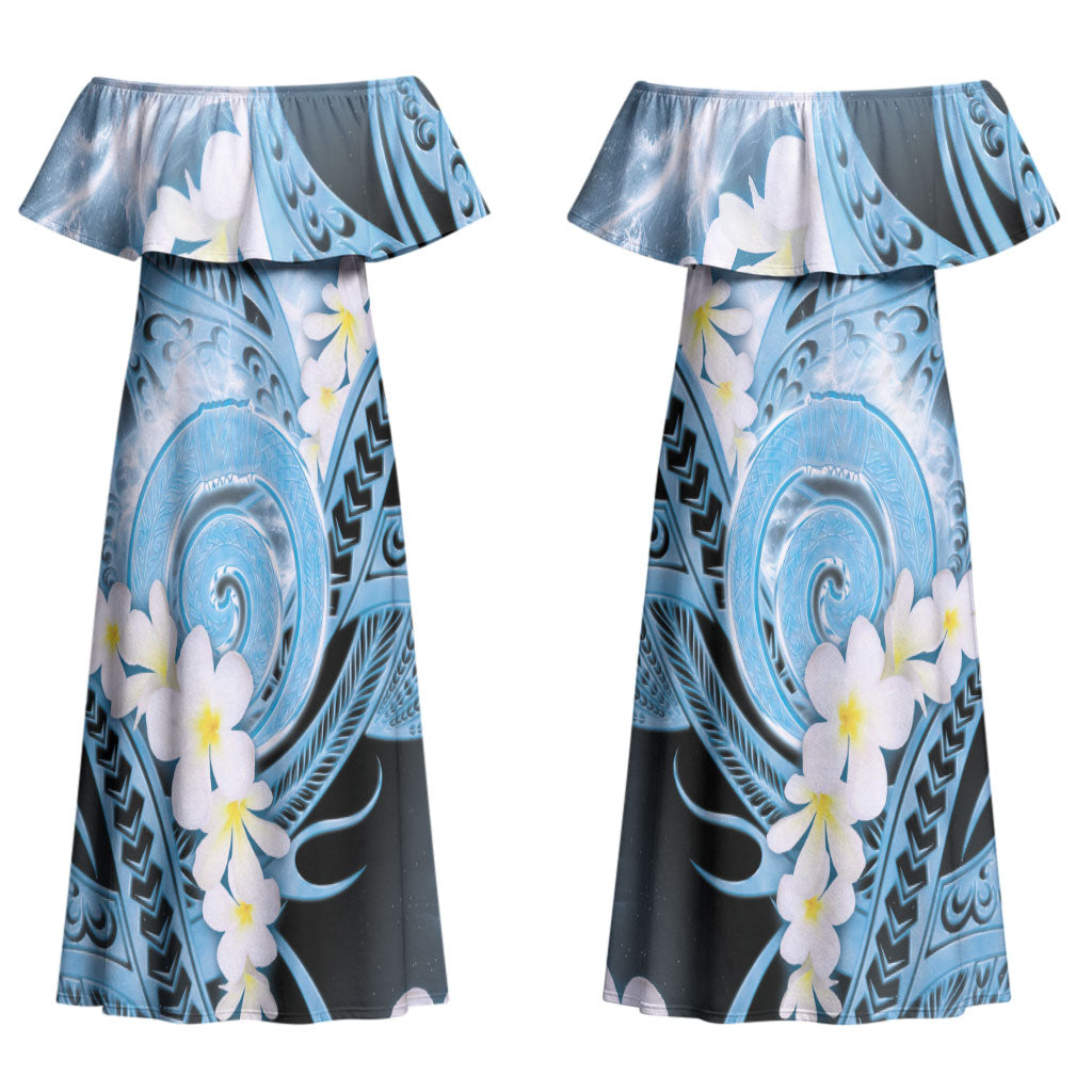 Piko Hawaiian Couples Matching Off Shoulder Maxi Dress and Hawaiian Shirt Blue Galaxy Spiral Plumeria Tribal Patterns