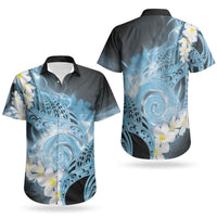 Piko Hawaiian Couples Matching Off The Shoulder Long Sleeve Dress and Hawaiian Shirt Blue Galaxy Spiral Plumeria Tribal Patterns