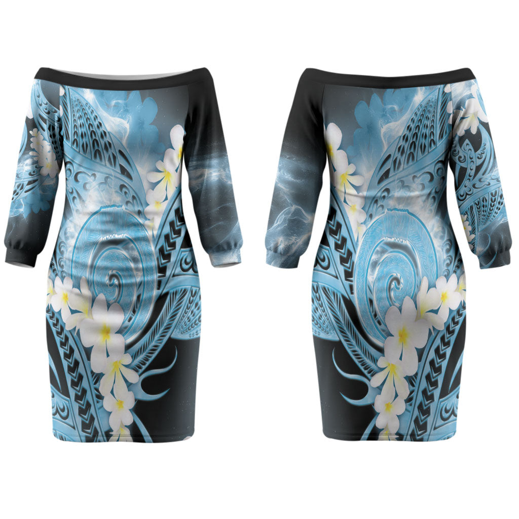 Piko Hawaiian Couples Matching Off The Shoulder Long Sleeve Dress and Hawaiian Shirt Blue Galaxy Spiral Plumeria Tribal Patterns