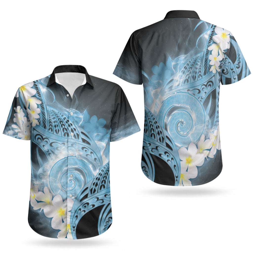 Piko Hawaiian Couples Matching Puletasi and Hawaiian Shirt Blue Galaxy Spiral Plumeria Tribal Patterns