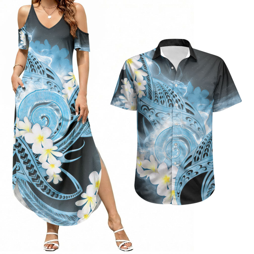 Piko Hawaiian Couples Matching Summer Maxi Dress and Hawaiian Shirt Blue Galaxy Spiral Plumeria Tribal Patterns DT05 Blue - Polynesian Pride