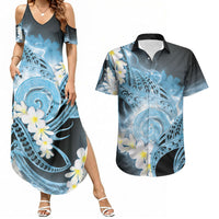Piko Hawaiian Couples Matching Summer Maxi Dress and Hawaiian Shirt Blue Galaxy Spiral Plumeria Tribal Patterns