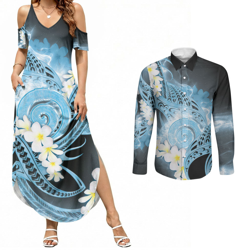 Piko Hawaiian Couples Matching Summer Maxi Dress and Long Sleeve Button Shirt Blue Galaxy Spiral Plumeria Tribal Patterns
