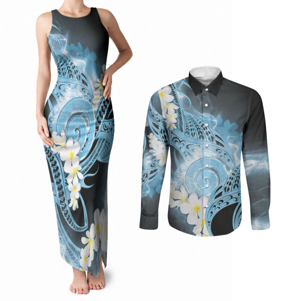 Piko Hawaiian Couples Matching Tank Maxi Dress and Long Sleeve Button Shirt Blue Galaxy Spiral Plumeria Tribal Patterns