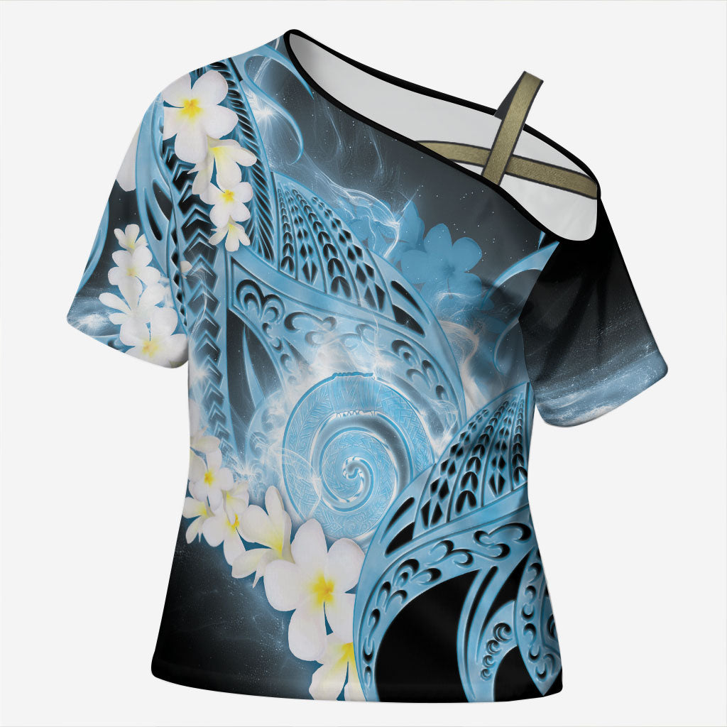 Piko Hawaiian Cross Shoulder Shirt Blue Galaxy Spiral Plumeria Tribal Patterns