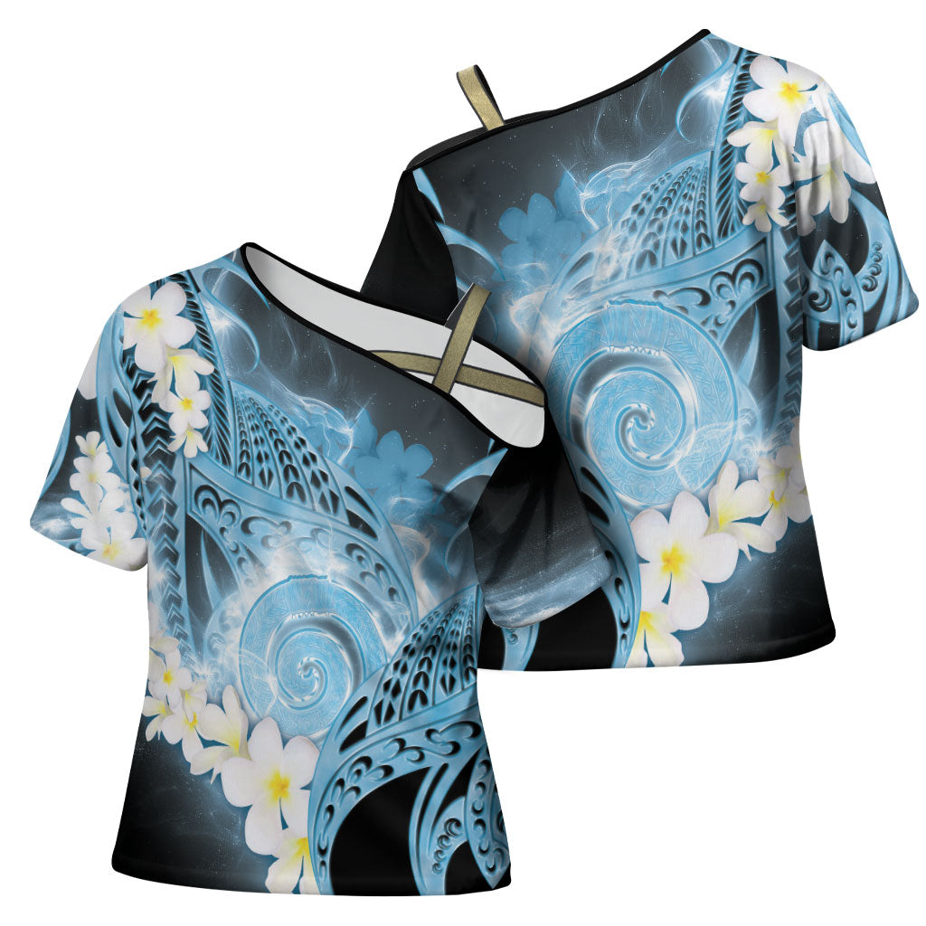 Piko Hawaiian Cross Shoulder Shirt Blue Galaxy Spiral Plumeria Tribal Patterns