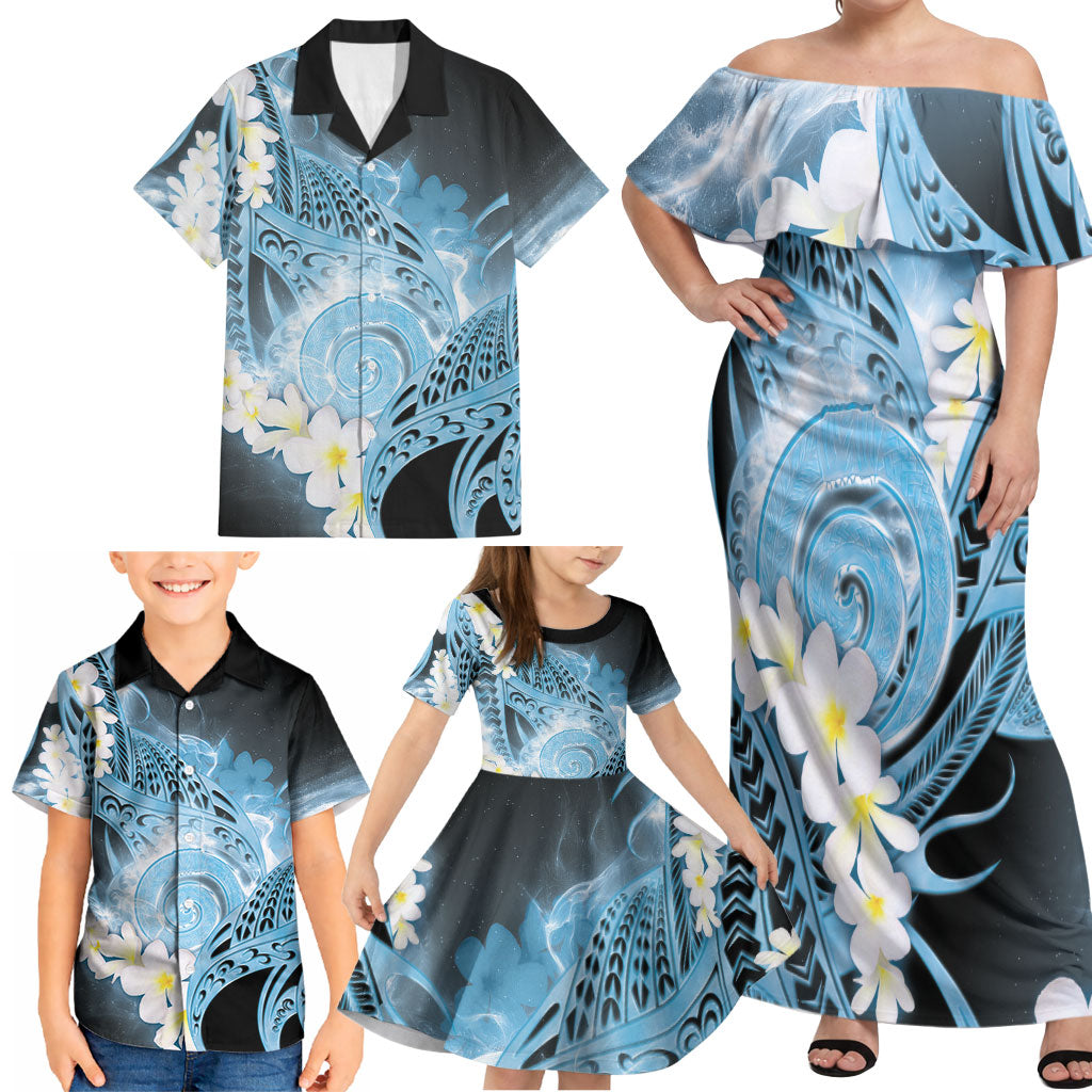 Piko Hawaiian Family Matching Off Shoulder Maxi Dress and Hawaiian Shirt Blue Galaxy Spiral Plumeria Tribal Patterns DT05 - Polynesian Pride