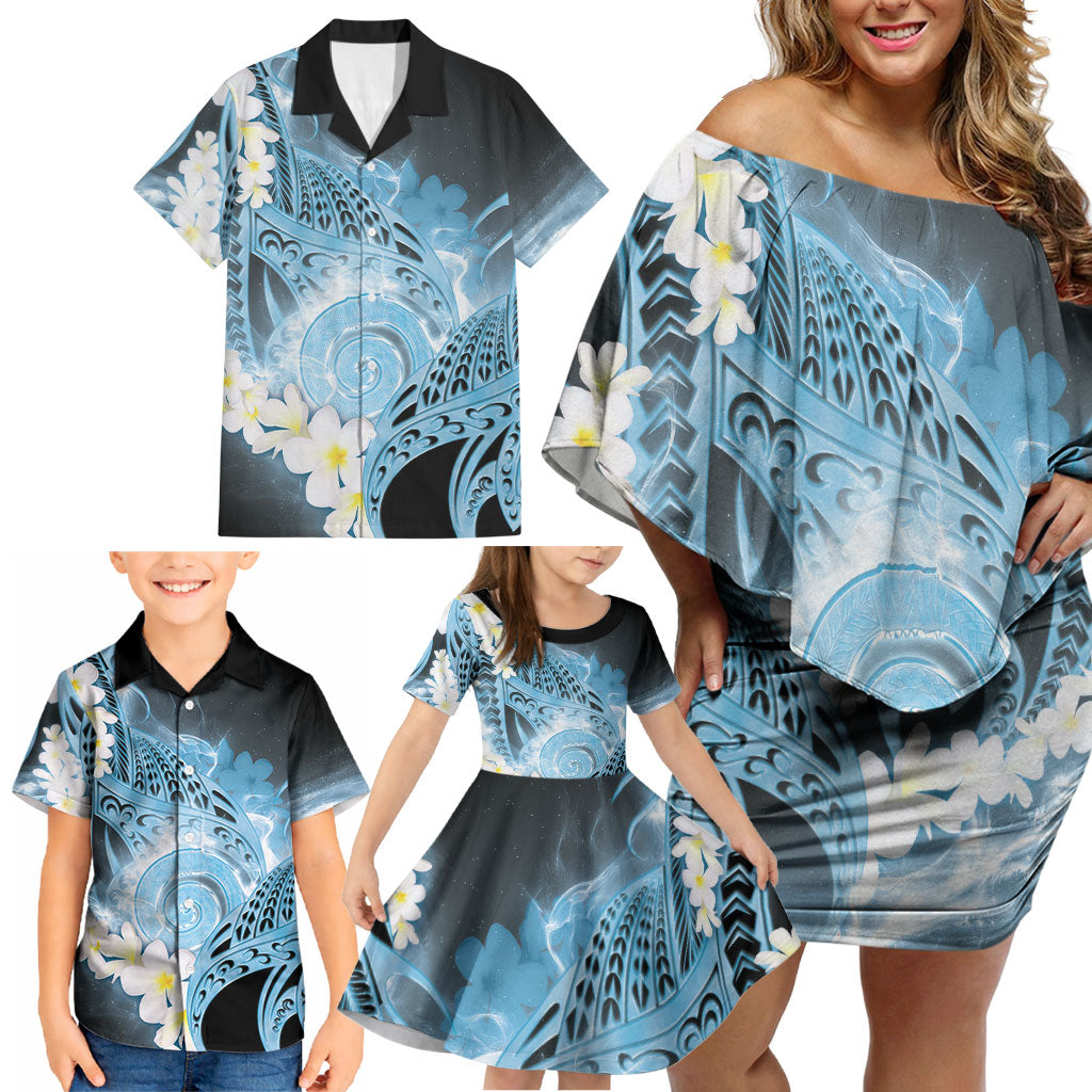 Piko Hawaiian Family Matching Off Shoulder Short Dress and Hawaiian Shirt Blue Galaxy Spiral Plumeria Tribal Patterns