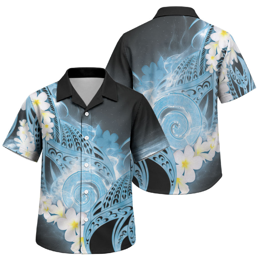 Piko Hawaiian Family Matching Off Shoulder Short Dress and Hawaiian Shirt Blue Galaxy Spiral Plumeria Tribal Patterns