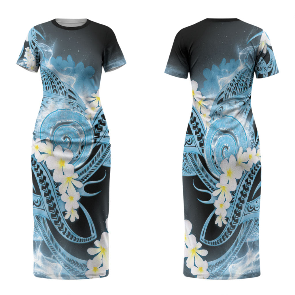 Piko Hawaiian Family Matching Short Sleeve Bodycon Dress and Hawaiian Shirt Blue Galaxy Spiral Plumeria Tribal Patterns