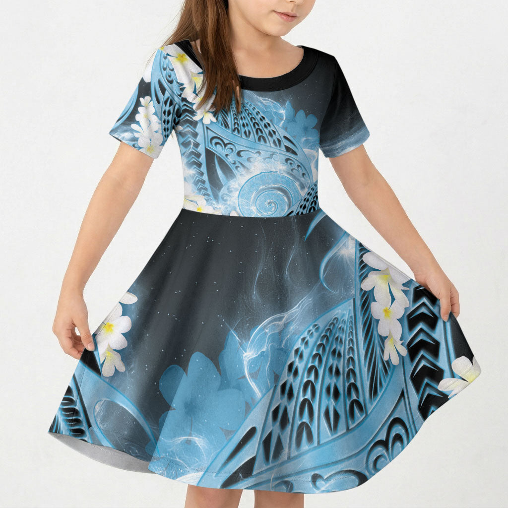 Piko Hawaiian Kid Short Sleeve Dress Blue Galaxy Spiral Plumeria Tribal Patterns