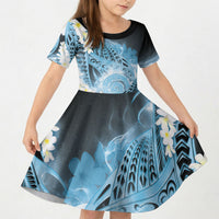 Piko Hawaiian Kid Short Sleeve Dress Blue Galaxy Spiral Plumeria Tribal Patterns