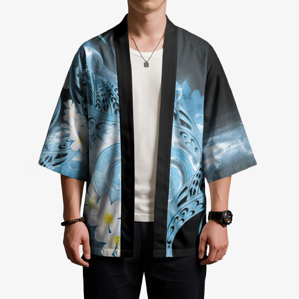 Piko Hawaiian Kimono Blue Galaxy Spiral Plumeria Tribal Patterns