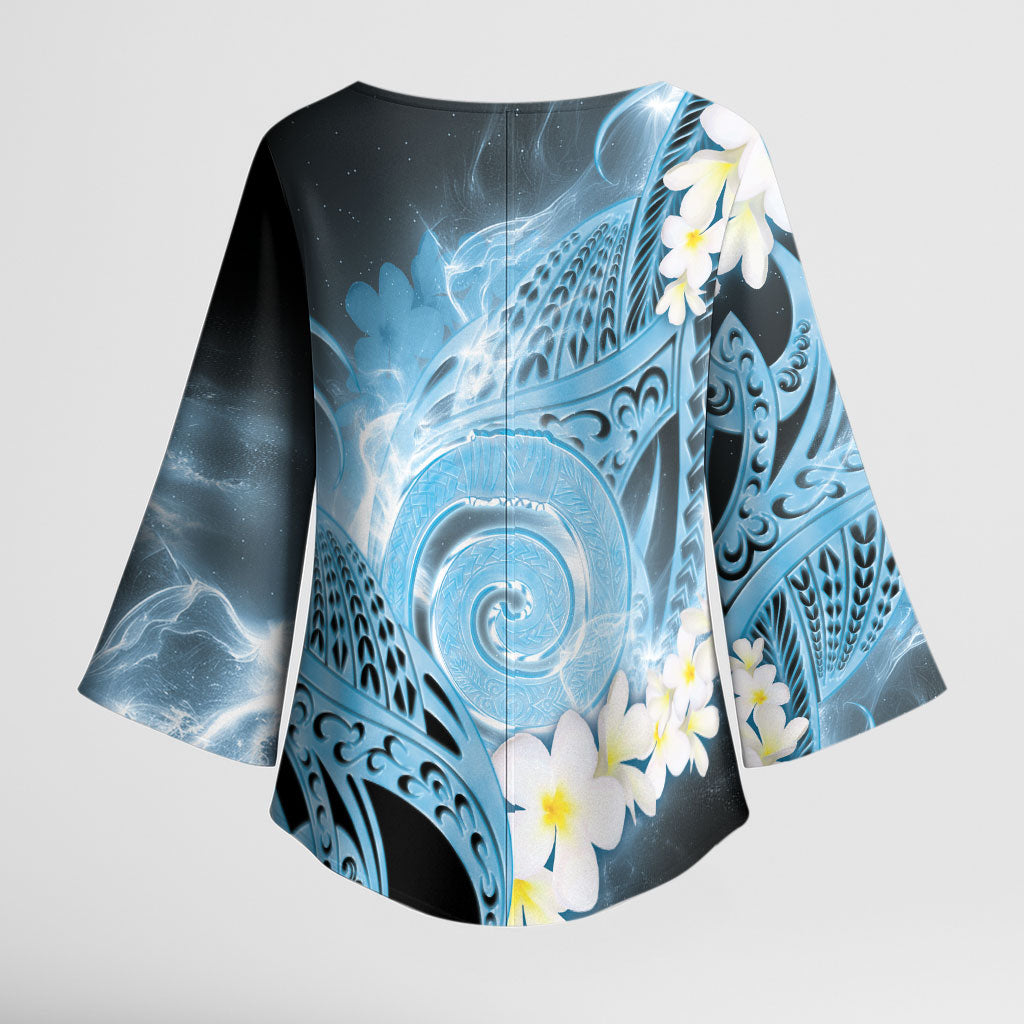 Piko Hawaiian Kimono Sleeve Blouse Blue Galaxy Spiral Plumeria Tribal Patterns
