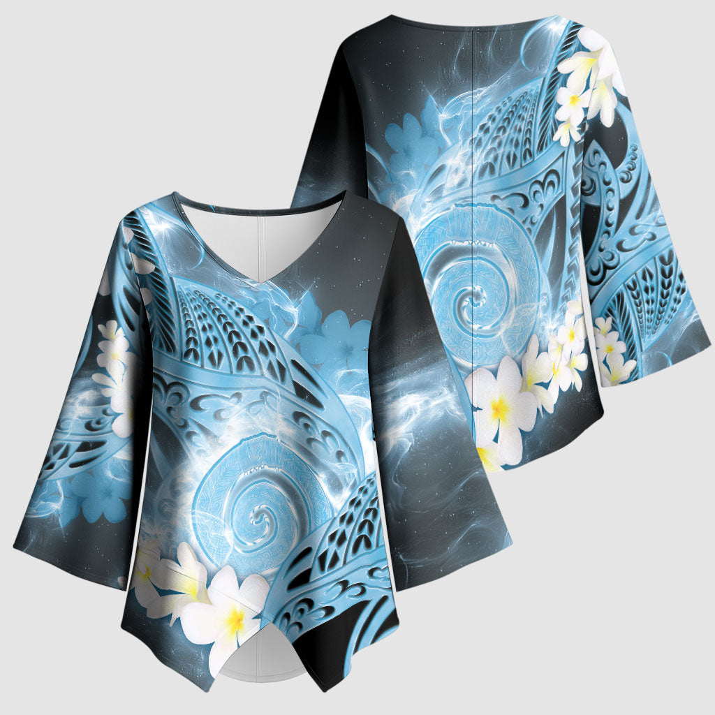 Piko Hawaiian Kimono Sleeve Blouse Blue Galaxy Spiral Plumeria Tribal Patterns