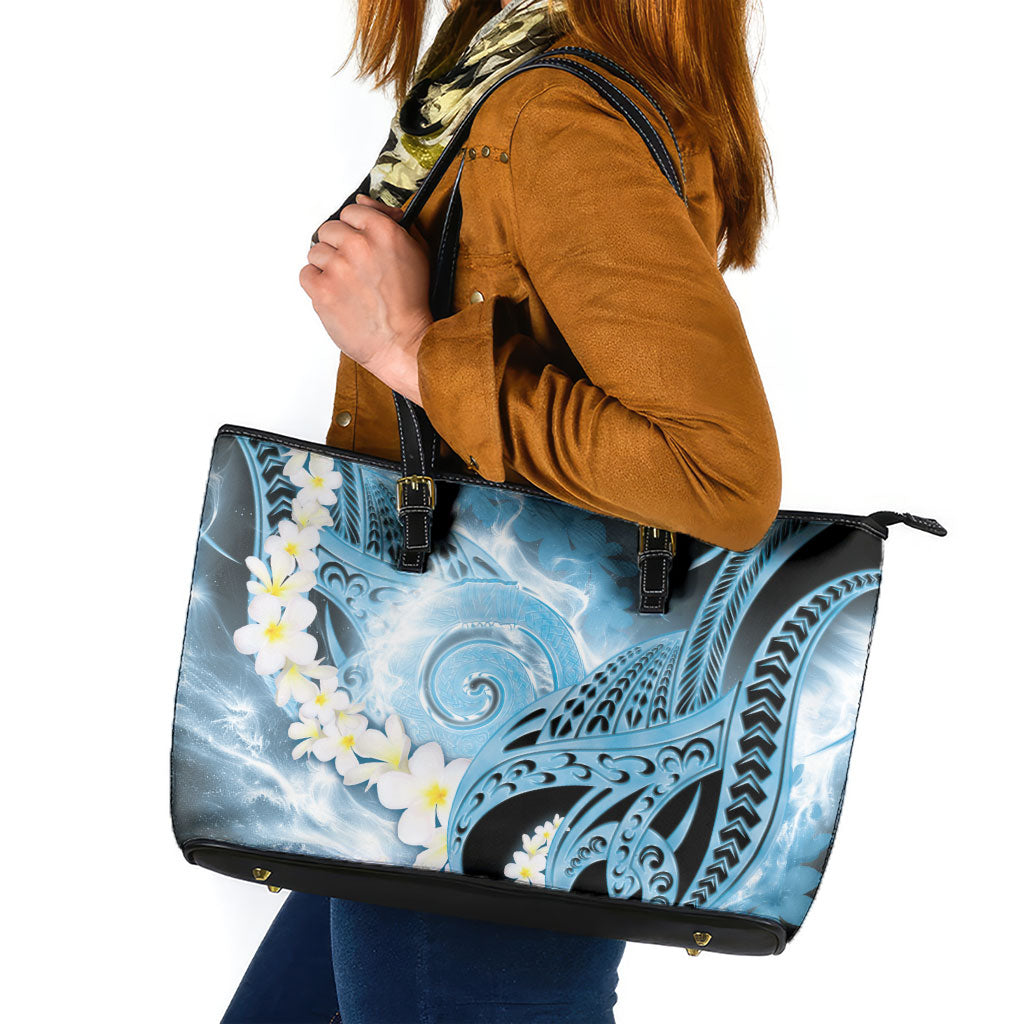 Piko Hawaiian Leather Tote Bag Blue Galaxy Spiral Plumeria Tribal Patterns