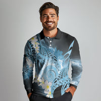 Piko Hawaiian Long Sleeve Polo Shirt Blue Galaxy Spiral Plumeria Tribal Patterns
