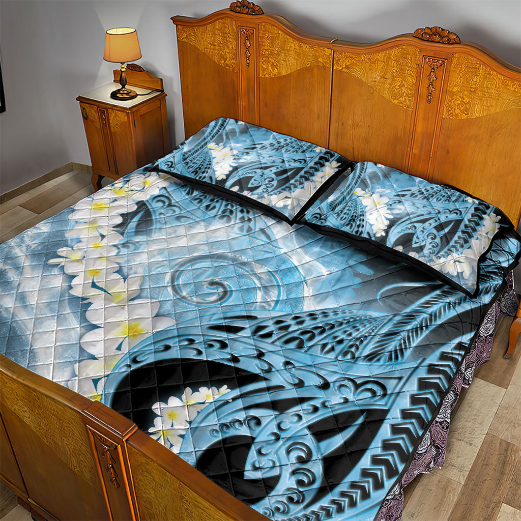 Piko Hawaiian Quilt Bed Set Blue Galaxy Spiral Plumeria Tribal Patterns