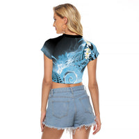 Piko Hawaiian Raglan Cropped T Shirt Blue Galaxy Spiral Plumeria Tribal Patterns