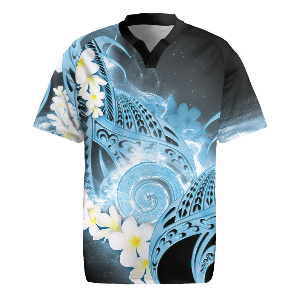 Piko Hawaiian Rugby Jersey Blue Galaxy Spiral Plumeria Tribal Patterns