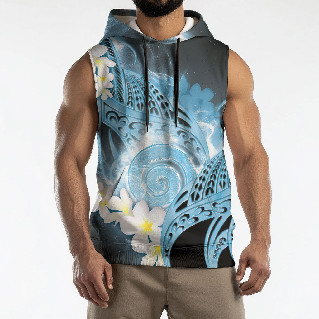 Piko Hawaiian Sleeveless Hoodie Blue Galaxy Spiral Plumeria Tribal Patterns