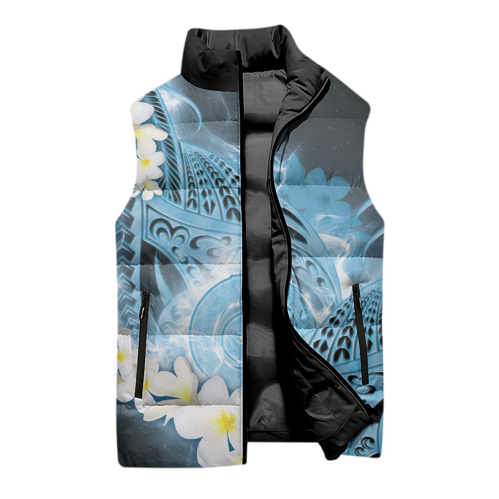 Piko Hawaiian Sleeveless Puffer Jacket Blue Galaxy Spiral Plumeria Tribal Patterns