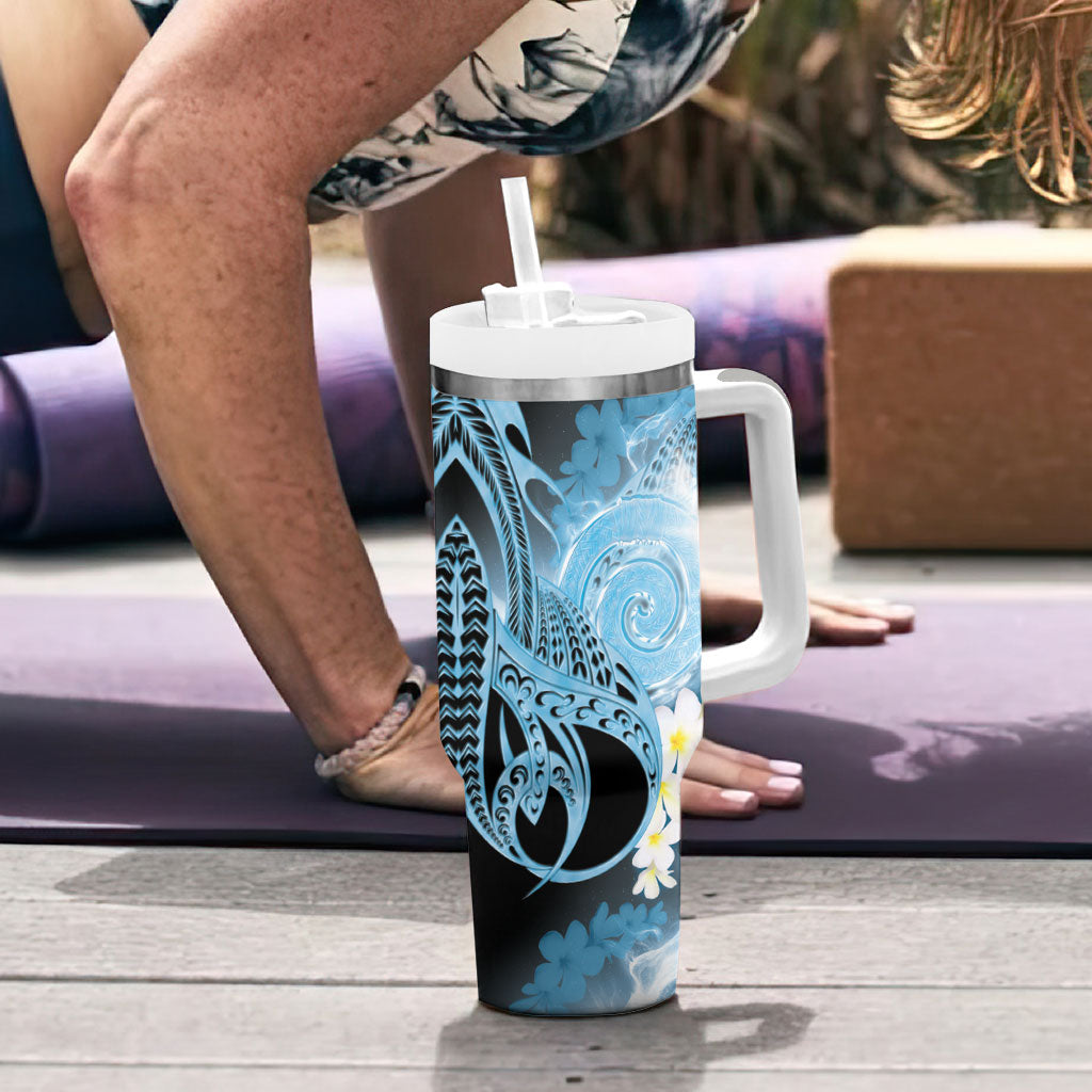 Piko Hawaiian Tumbler With Handle Blue Galaxy Spiral Plumeria Tribal Patterns