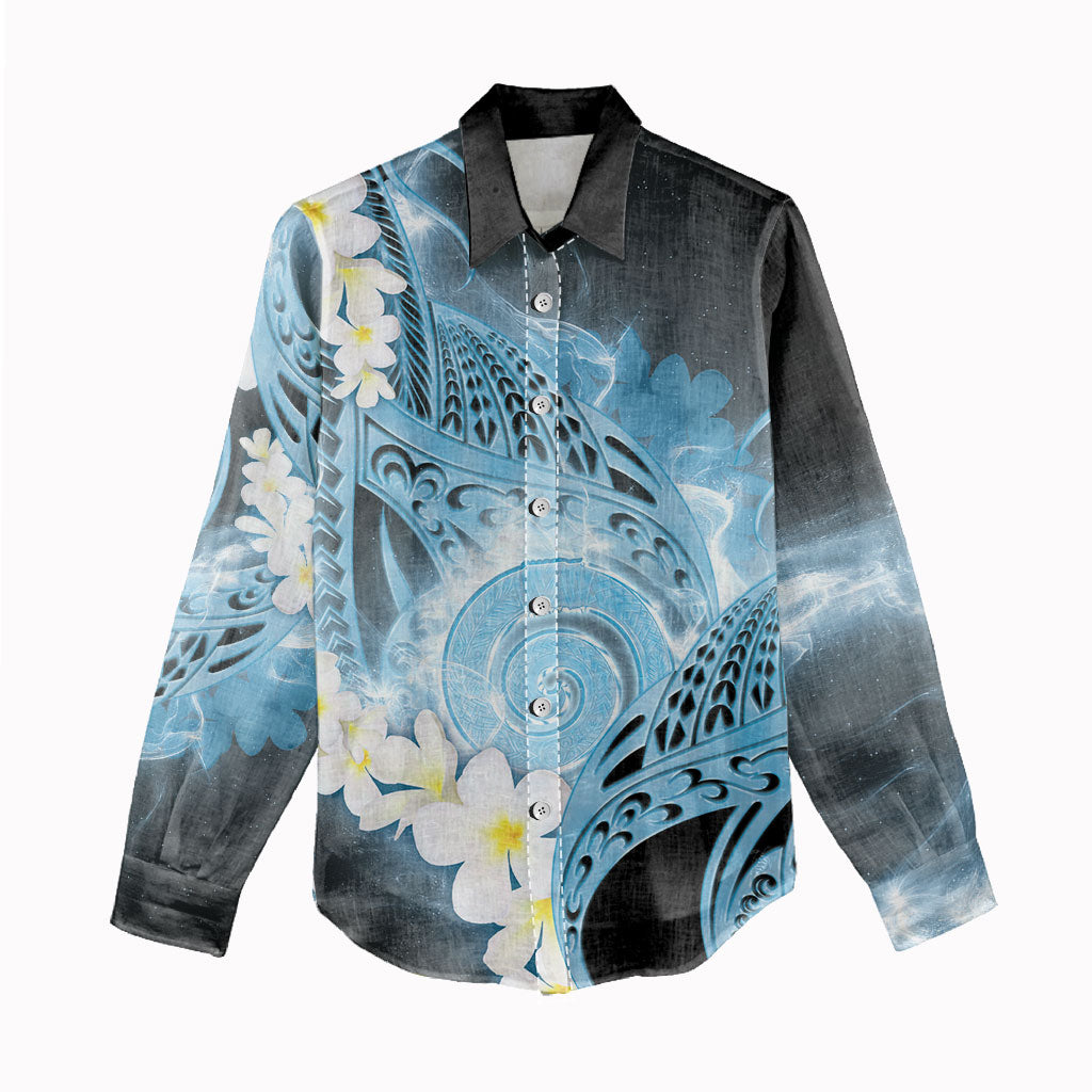 Piko Hawaiian Women Casual Shirt Blue Galaxy Spiral Plumeria Tribal Patterns