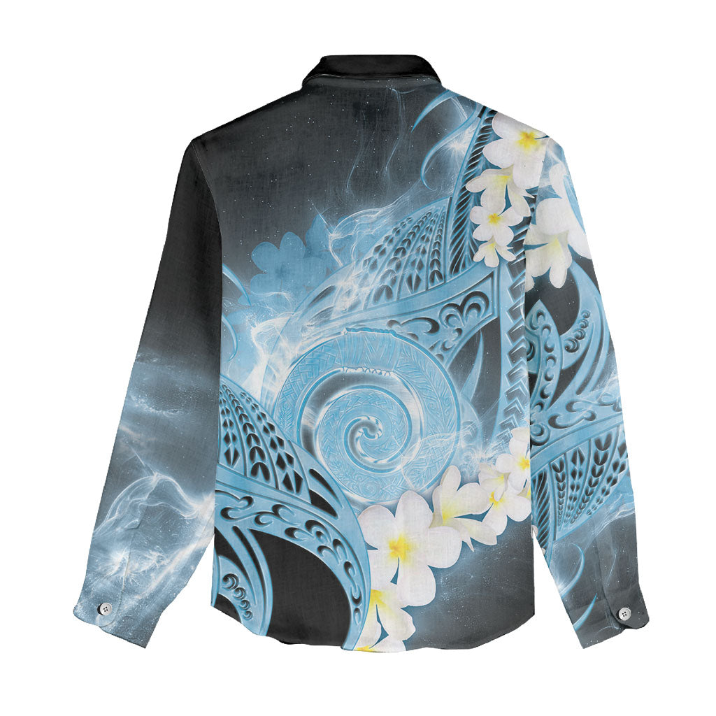 Piko Hawaiian Women Casual Shirt Blue Galaxy Spiral Plumeria Tribal Patterns