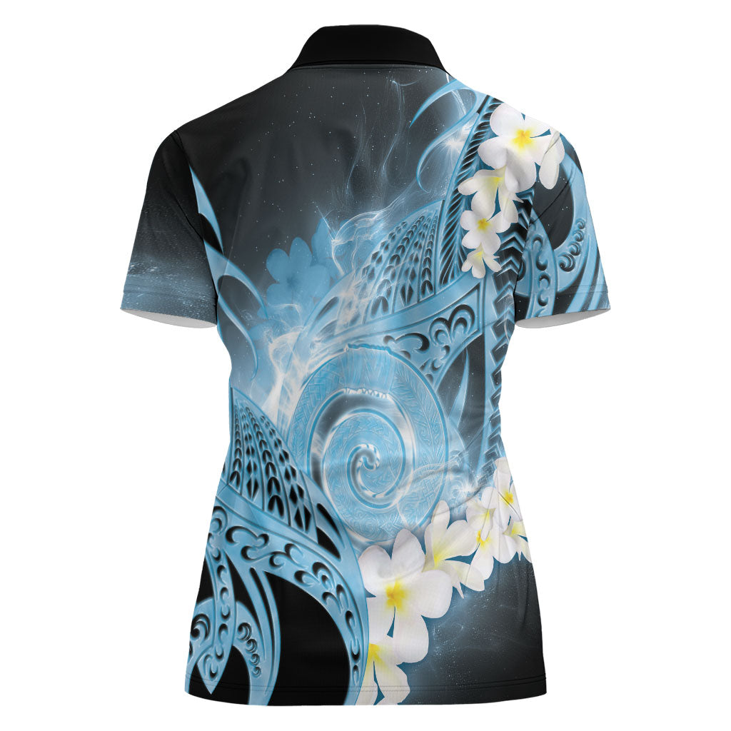 Piko Hawaiian Women Polo Shirt Blue Galaxy Spiral Plumeria Tribal Patterns