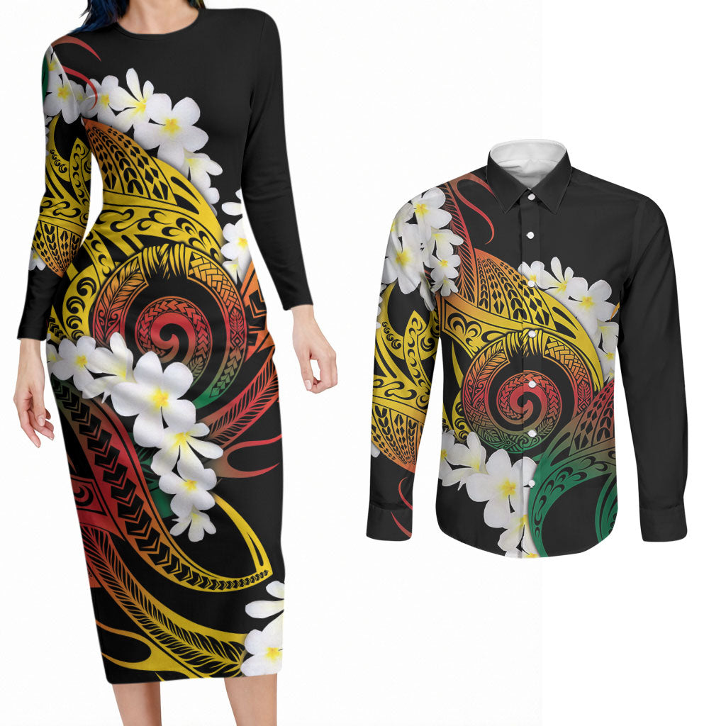 Piko Hawaiian Couples Matching Long Sleeve Bodycon Dress and Long Sleeve Button Shirt Gradient Spiral Plumeria Tribal Patterns