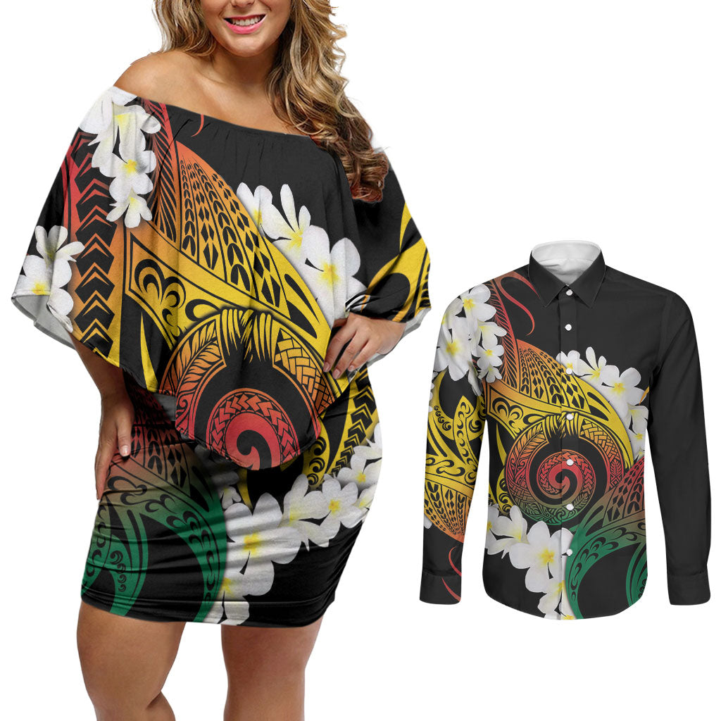 Piko Hawaiian Couples Matching Off Shoulder Short Dress and Long Sleeve Button Shirt Gradient Spiral Plumeria Tribal Patterns