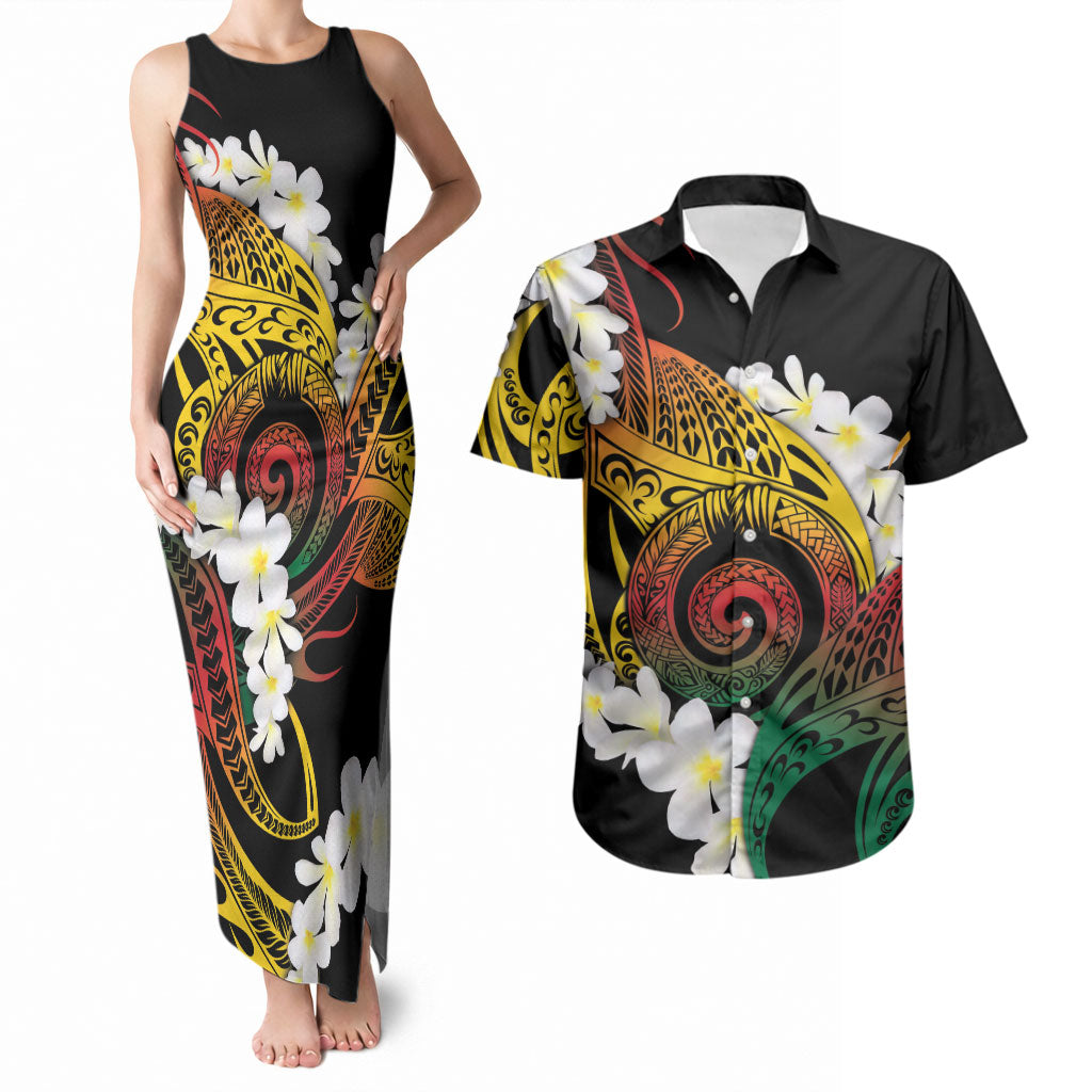 Piko Hawaiian Couples Matching Tank Maxi Dress and Hawaiian Shirt Gradient Spiral Plumeria Tribal Patterns