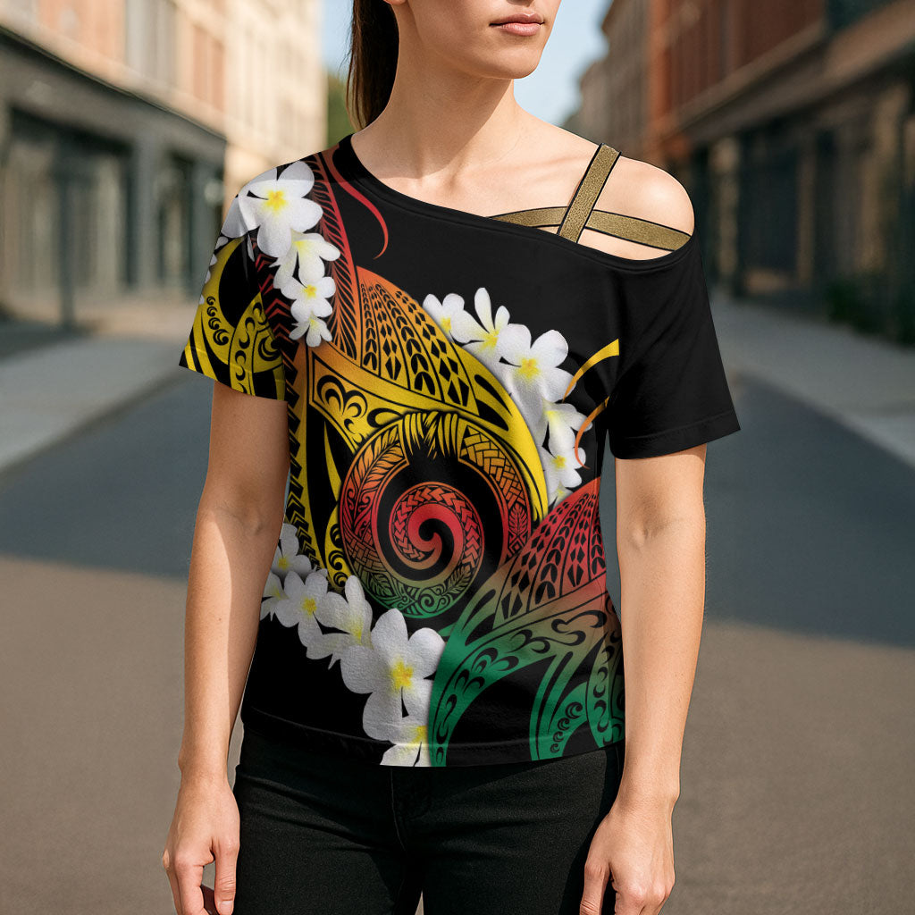Piko Hawaiian Cross Shoulder Shirt Gradient Spiral Plumeria Tribal Patterns