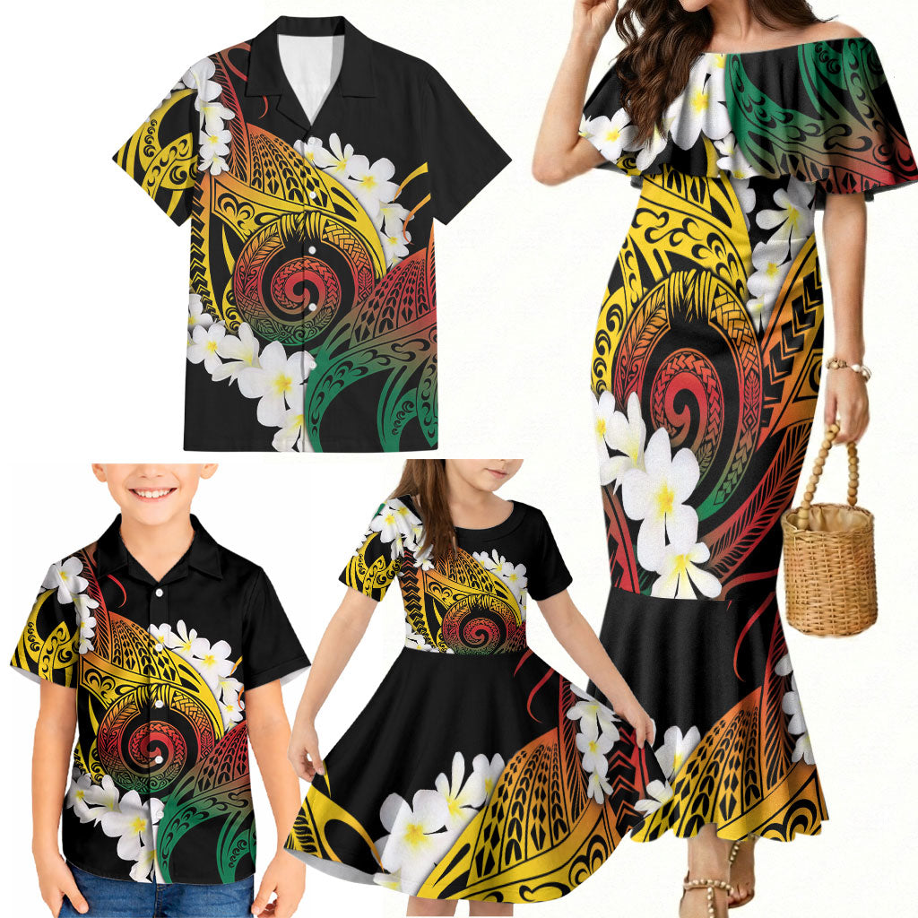 Piko Hawaiian Family Matching Mermaid Dress and Hawaiian Shirt Gradient Spiral Plumeria Tribal Patterns
