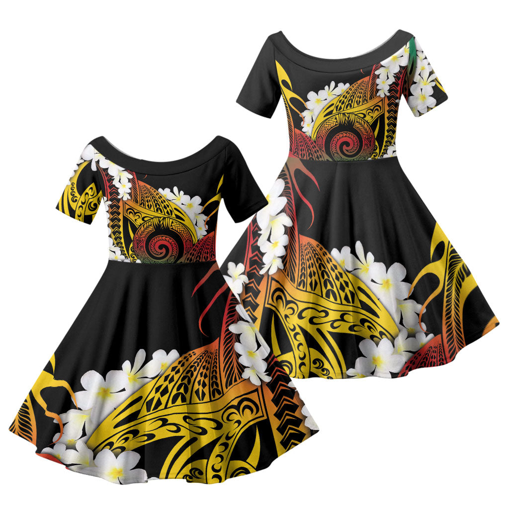 Piko Hawaiian Family Matching Off Shoulder Maxi Dress and Hawaiian Shirt Gradient Spiral Plumeria Tribal Patterns
