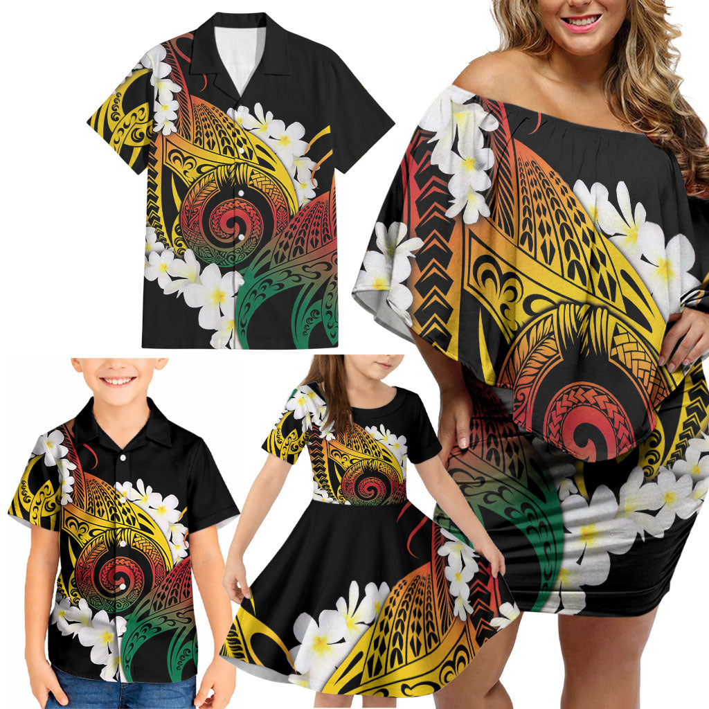Piko Hawaiian Family Matching Off Shoulder Short Dress and Hawaiian Shirt Gradient Spiral Plumeria Tribal Patterns
