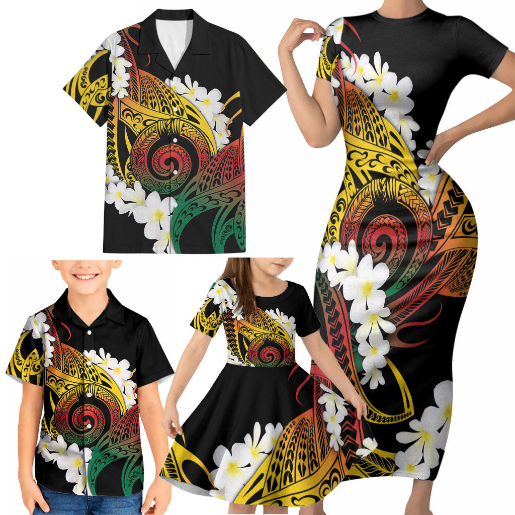 Piko Hawaiian Family Matching Short Sleeve Bodycon Dress and Hawaiian Shirt Gradient Spiral Plumeria Tribal Patterns