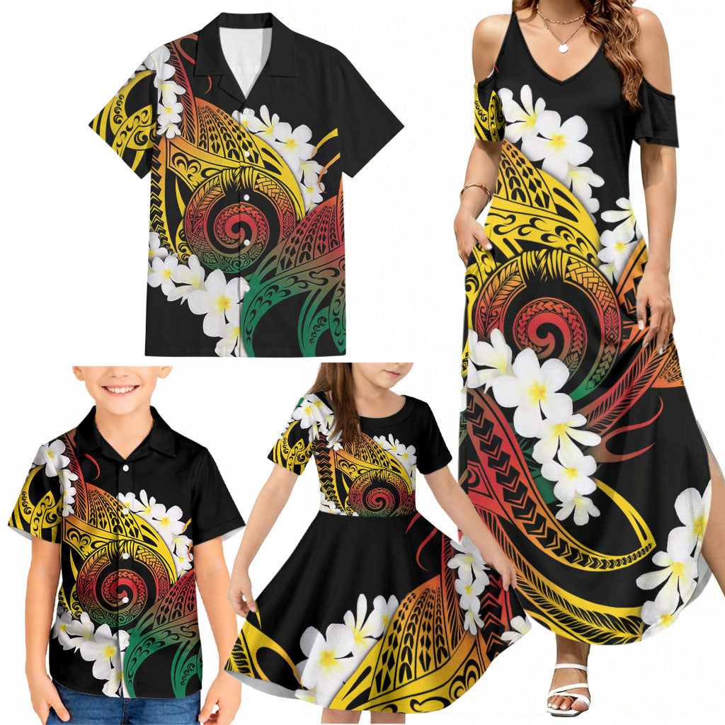 Piko Hawaiian Family Matching Summer Maxi Dress and Hawaiian Shirt Gradient Spiral Plumeria Tribal Patterns