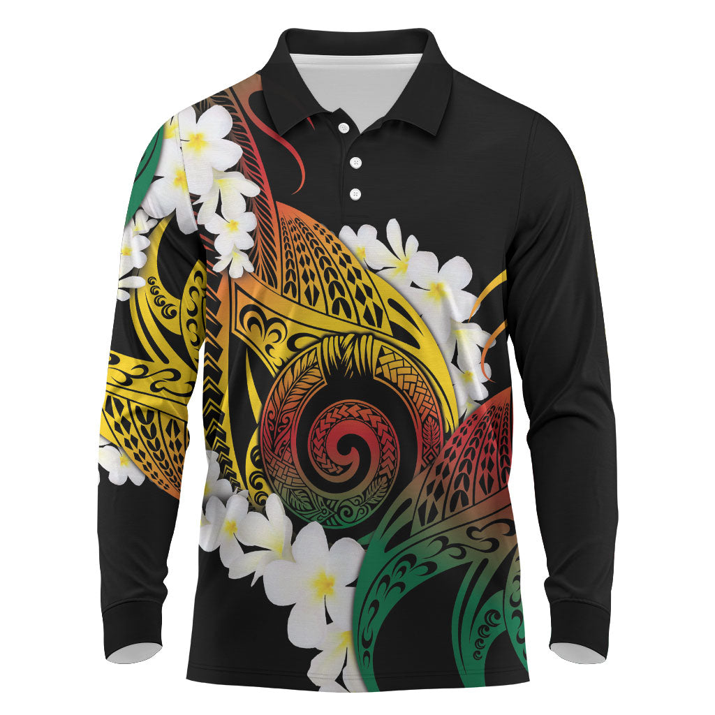 Piko Hawaiian Long Sleeve Polo Shirt Gradient Spiral Plumeria Tribal Patterns