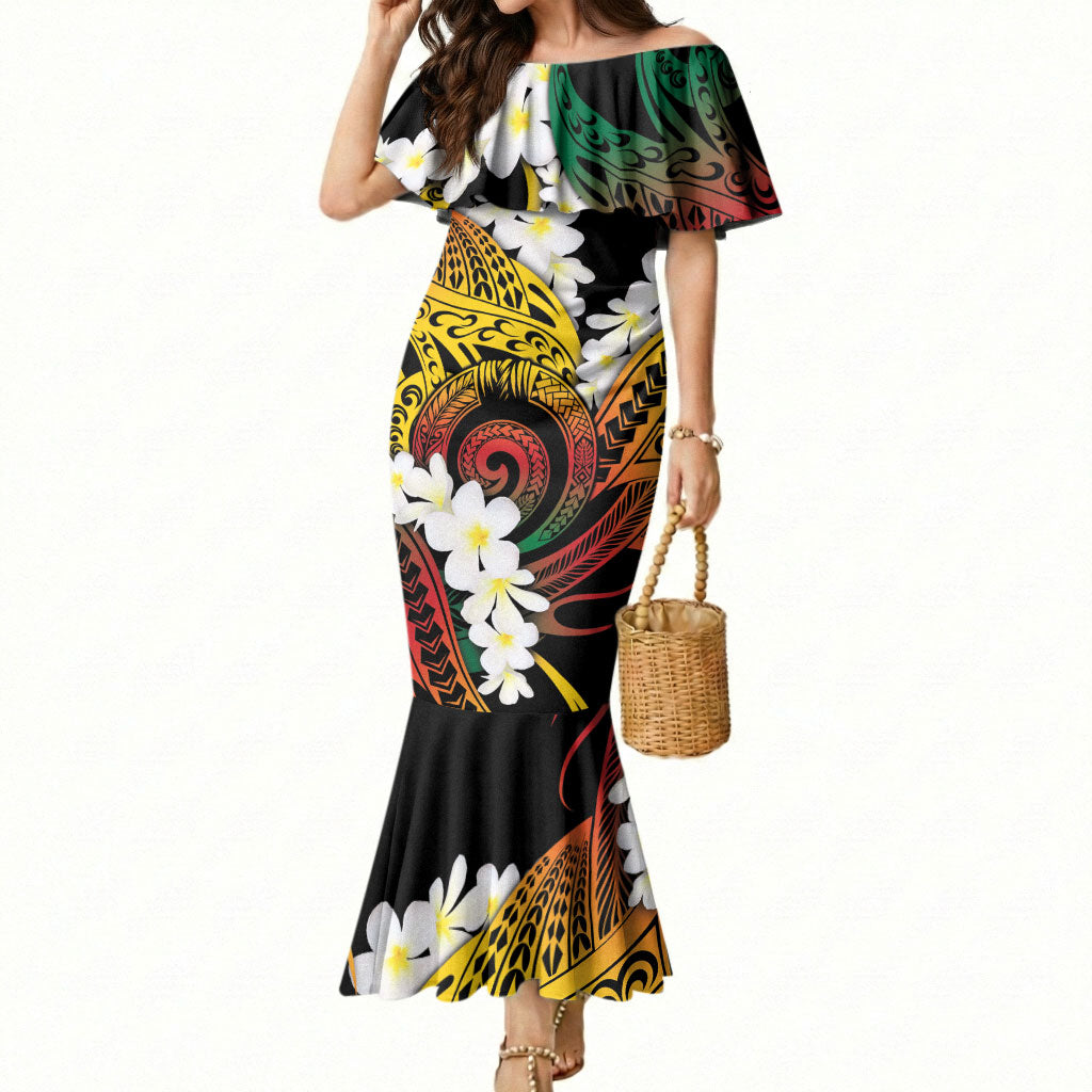 Piko Hawaiian Mermaid Dress Gradient Spiral Plumeria Tribal Patterns