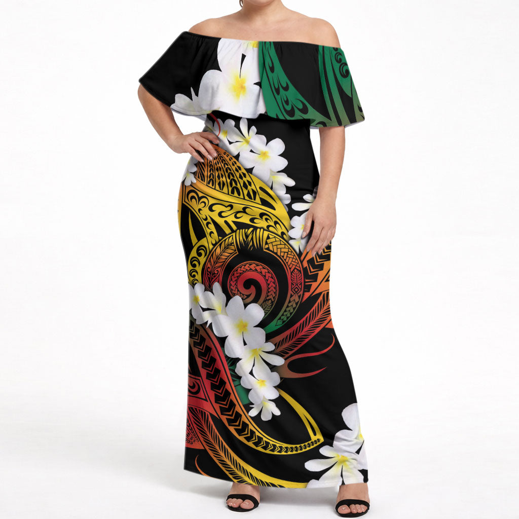 Piko Hawaiian Off Shoulder Maxi Dress Gradient Spiral Plumeria Tribal Patterns