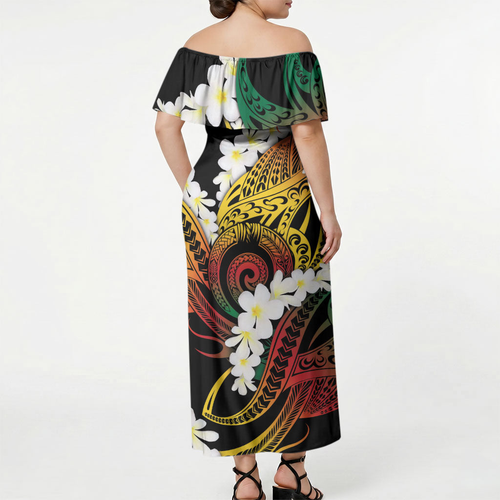 Piko Hawaiian Off Shoulder Maxi Dress Gradient Spiral Plumeria Tribal Patterns